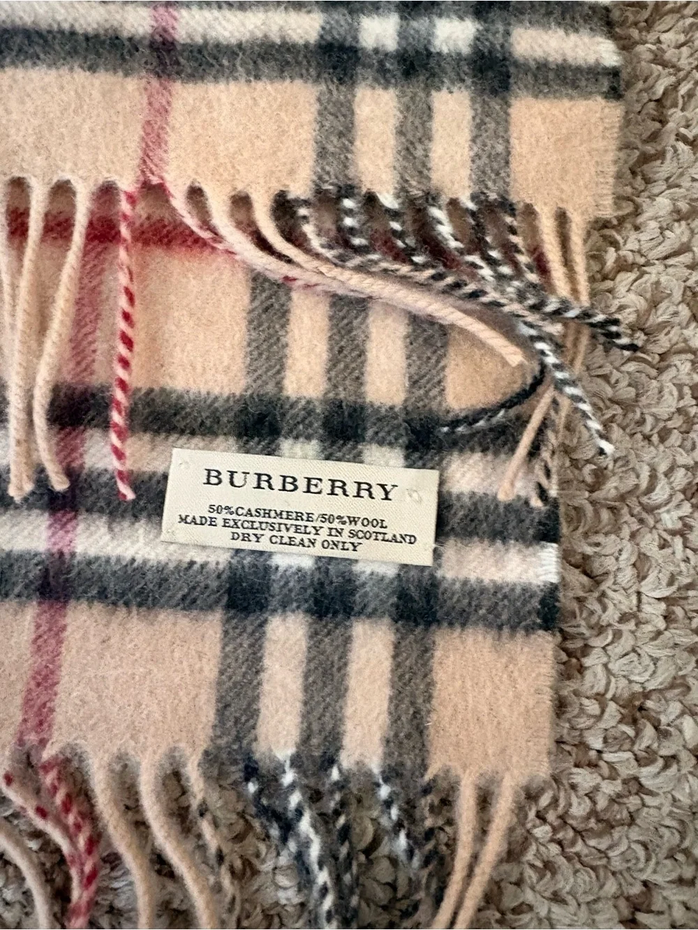 Burberry Beige Bath Runner with Black and Red Stripe Detailing